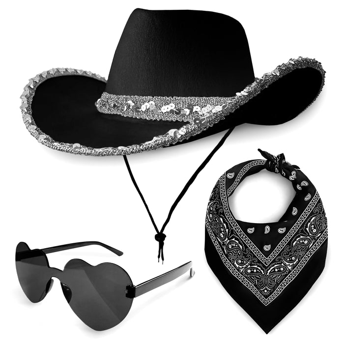 Cowboy Hat 3 Piece Set for Women & Men (Black with Silver Sequins Hat, Black Paisley Bandana & Heart Sunglasses)