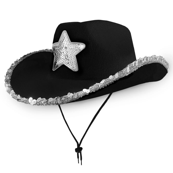 Cowboy Hat - Black with Silver Star Texas Texan Costume Accessories for Men, Women, Adults Wild West Fancy Dress Party