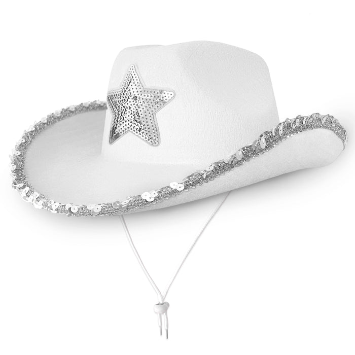 Cowboy Hat - White with Star Texas Texan Costume Accessories for Men, Women, Adults Wild West Fancy Dress Party