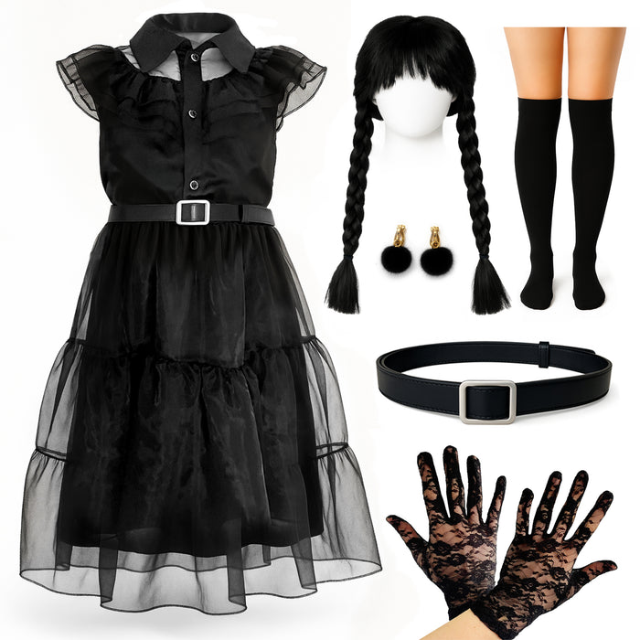 Childrens Kids Girls Scary Daughter Gothic Family Lace Dress Wig Earrings Socks Fancy Dress Costume 7-12 Years