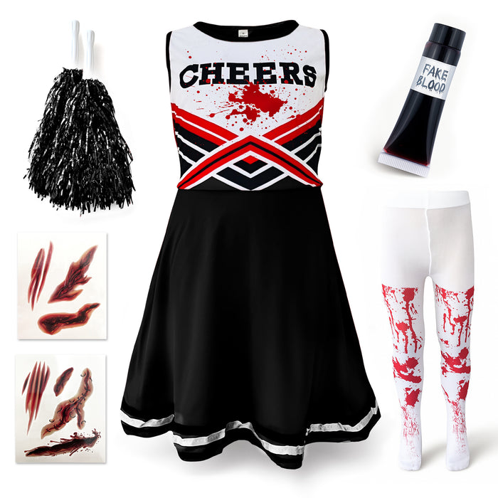 Childrens Kids Girls Zombie Cheerleader Black Fancy Dress Costume Tights and Fake Blood