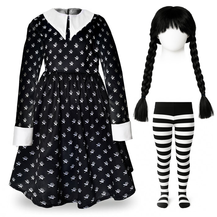Childrens Kids Girls Scary Daughter Gothic Family Patterned Fancy Dress Costume Tights and Wig 7-12 Years