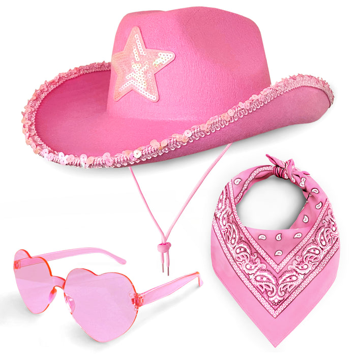 Cowboy Hat 3 Piece Set for Women (Pink Hat with Star, Pink Paisley Bandana & Heart Sunglasses)