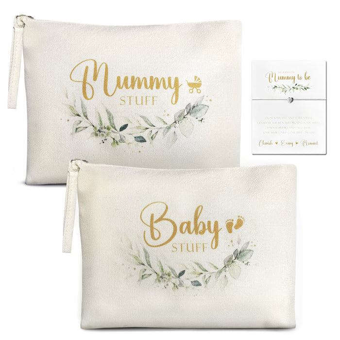 3pc Mum to Be Gifts Set Botanical Mummy & Baby Stuff Bags + Bracelet – Pregnancy Pamper Gift for Baby Shower