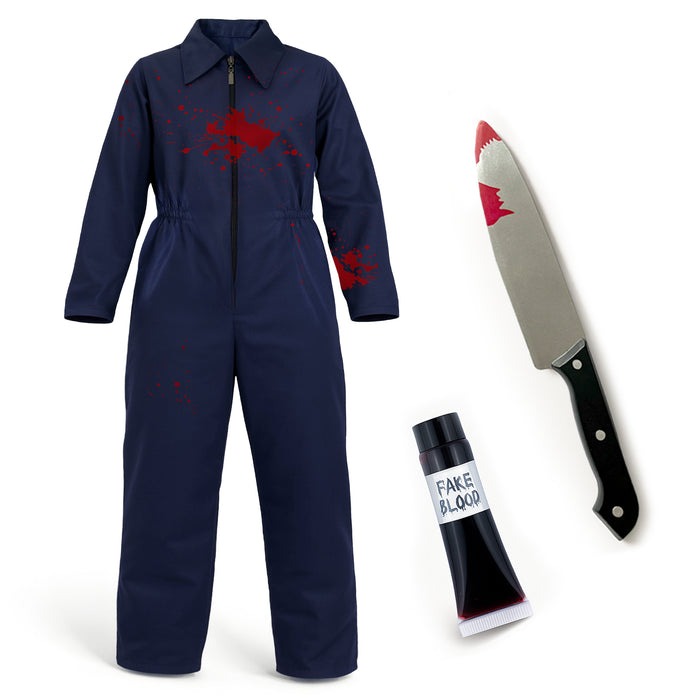 Childrens Kids Boys Girls Navy Boiler Suit, Fake Knife and Blood Fancy Dress Costume 4-12 Years