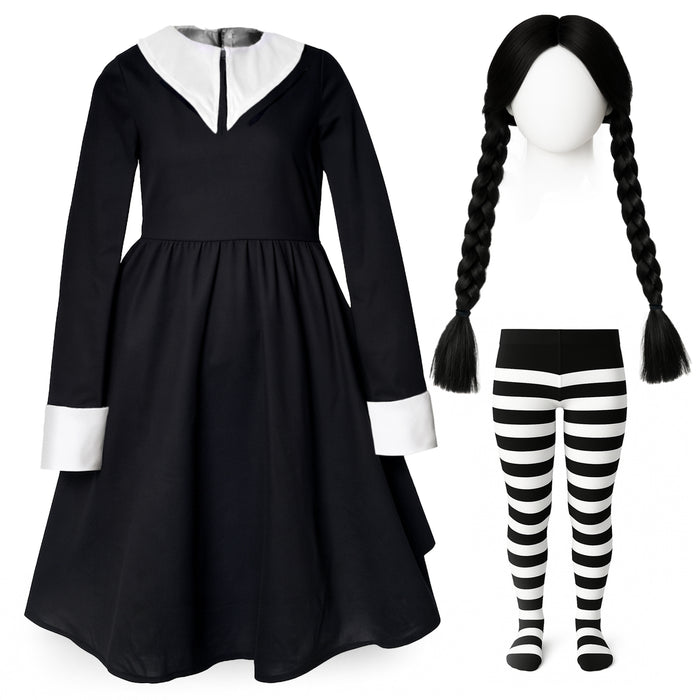 Childrens Kids Girls Scary Daughter Gothic Family Fancy Dress Costume Tights and Wig 7-12 Years