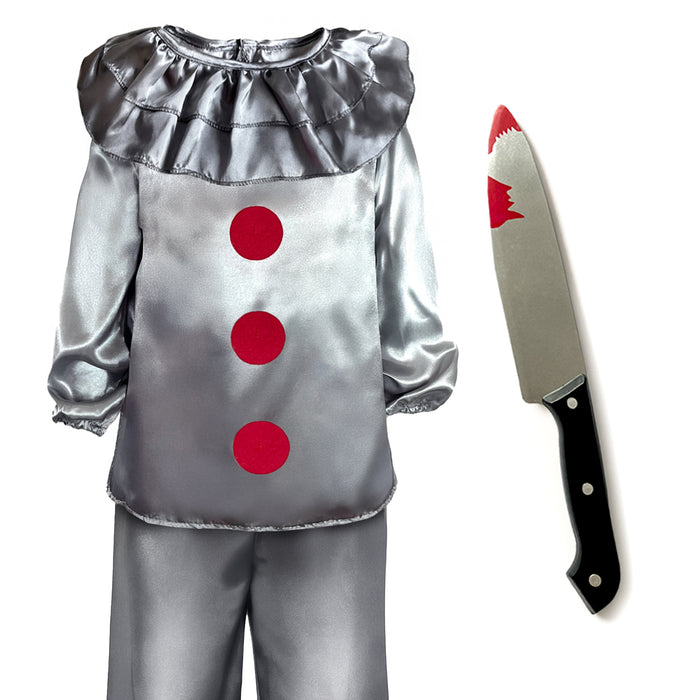 Childrens Kids Boys Girls Grey Killer Clown Fancy Dress Costume and Fake Knife