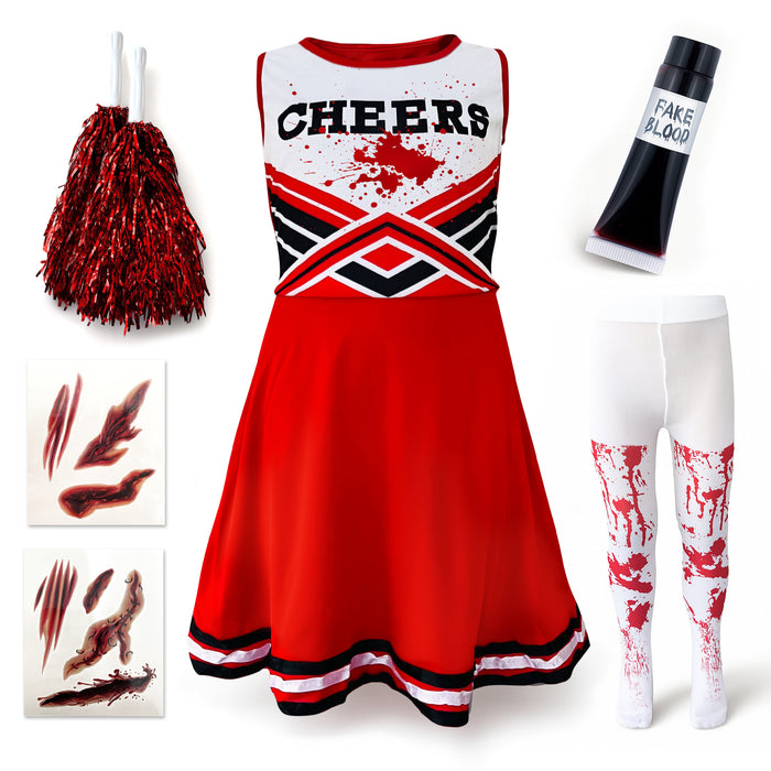 Childrens Kids Girls Zombie Cheerleader Red Fancy Dress Costume Tights and Fake Blood