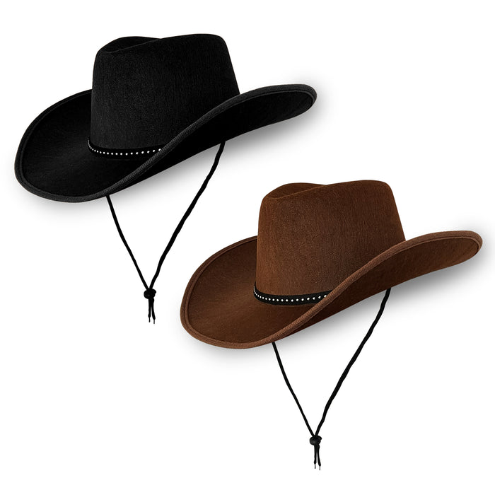 Cowboy Hats Pack of 2 Unisex Felt Western Hats – 1x Brown & 1x Black with Silver Dots & Trim Texas Texan Costume Accessories for Men, Women, Adults Wild West Fancy Dress Party