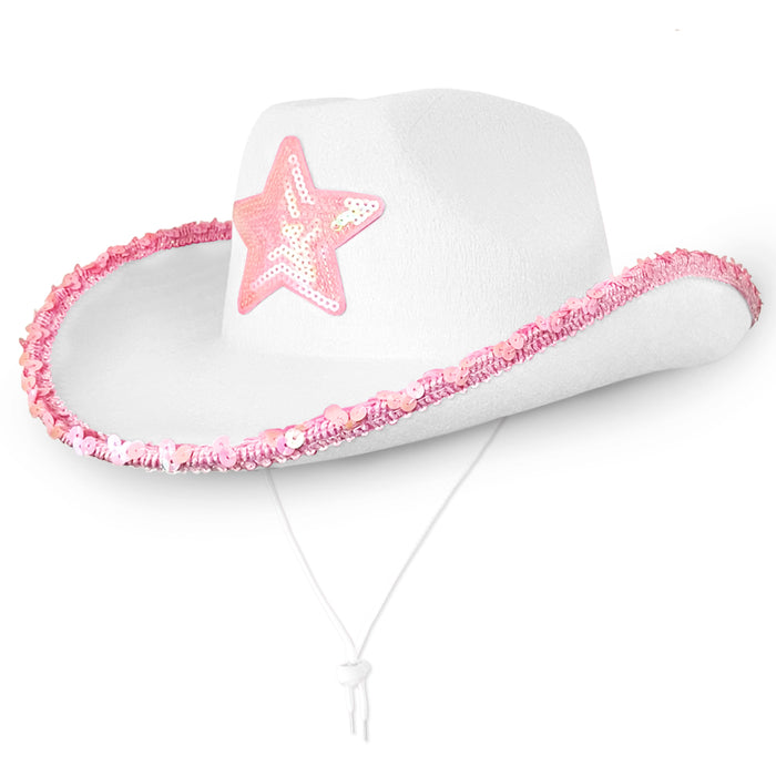 Cowboy Hat - White with Pink Star Texas Texan Costume Accessories for Men, Women, Adults Wild West Fancy Dress Party