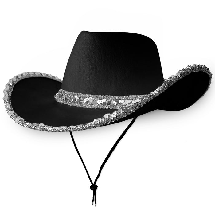 Cowboy Hat - Black with Silver Texas Texan Costume Accessories for Men, Women, Adults Wild West Fancy Dress Party