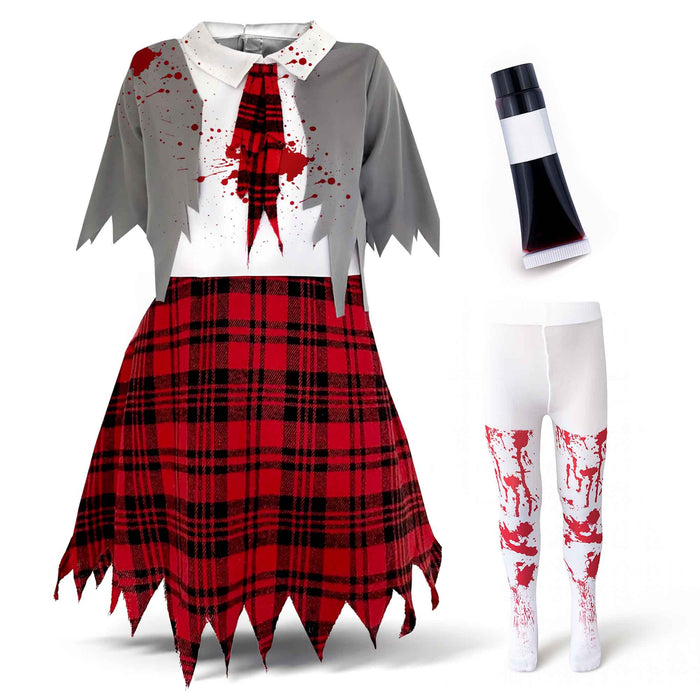 Childrens Kids Girls Zombie School Girl Fancy Dress Costume Blood and Tights.