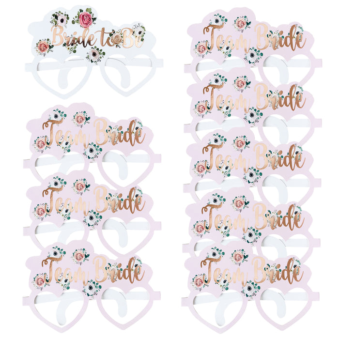 8 Pink Floral Team Bride Hen Party Card Glasses and 1x Bride to Be