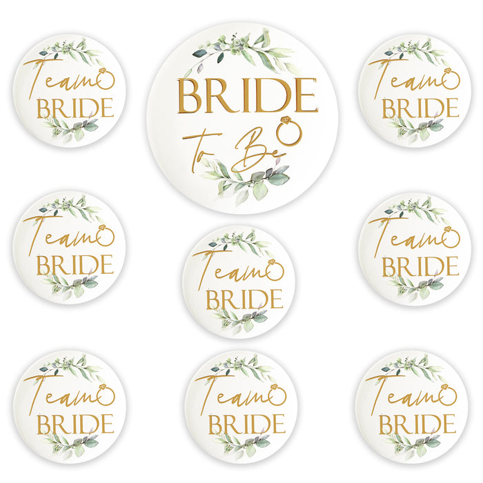 8 Botanical Floral Team Bride Hen Party Badges and 1x White Botanical Floral Bride to Be
