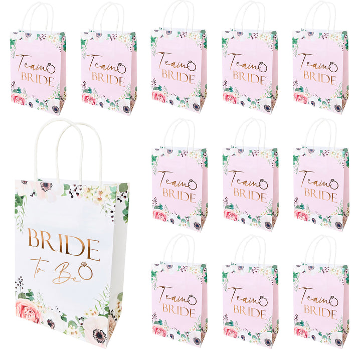 17 Pack Hen Party Bags (16x Team Bride 1x Bride to Be) Paper Bags Light Pink Floral with Rose Gold Foil Text