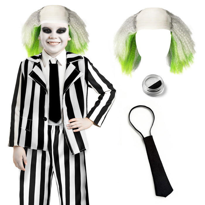 Childrens Kids Crazy Ghost Fancy Dress Costume, Wig & Paint Black White Striped 3-12 Years.