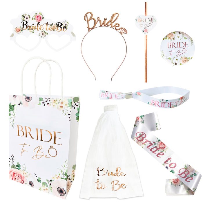Bride to Be Goody Bag Set Floral Design with Rose Gold Foil Bride to Be Text - Bag, Badge, Wristband, Glasses, Straw, Satin Sash, Veil, and Tiara