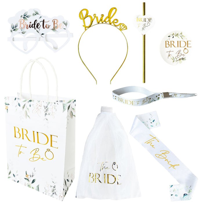 Bride to Be Goody Bag Set Botanical Green Design with Gold Foil Bride to Be Text - Bag, Badge, Wristband, Glasses, Straw, Satin Sash, Veil, and Tiara