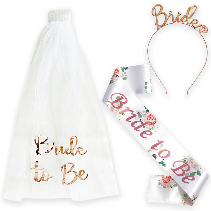 Bride to Be Veil, Tiara and Floral Sash Set Rose Gold