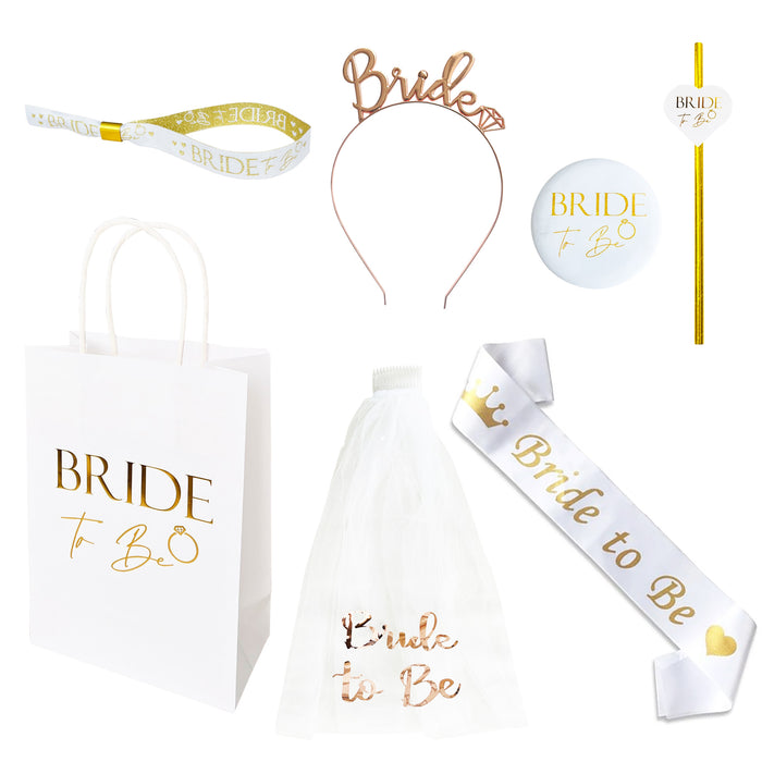Bride to Be Goody Bag Set White with Gold Foil Bride to Be Text - Bag, Badge, Wristband, Straw, Satin Sash, Veil, and Tiara