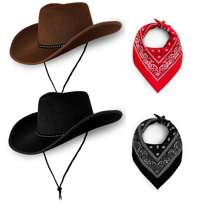 Cowboy Hats Pack of 2 Unisex Felt Western Hats + Bandanas – 1x Brown & 1x Black with Silver Dots & Trim Texas Texan Costume Accessories for Men, Women, Adults Wild West Fancy Dress Party