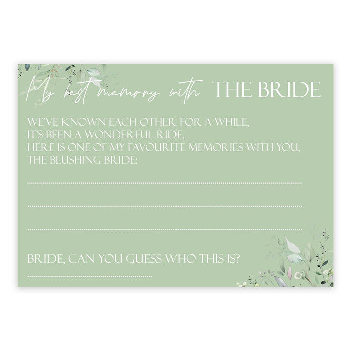Pack of 24 Sage Green Botanical My Best Memory with the Bride Cards Game Keepsake