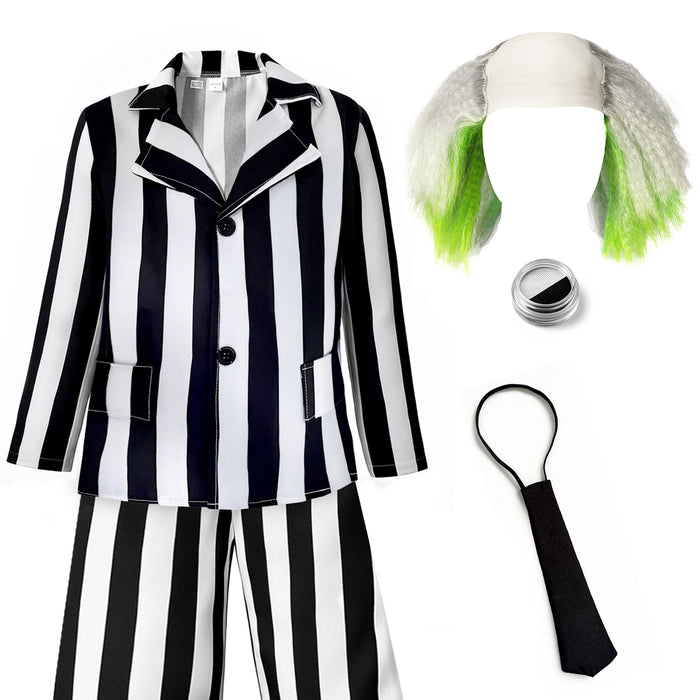 Childrens Kids Crazy Ghost Fancy Dress Costume, Wig & Paint Black White Striped 3-12 Years.