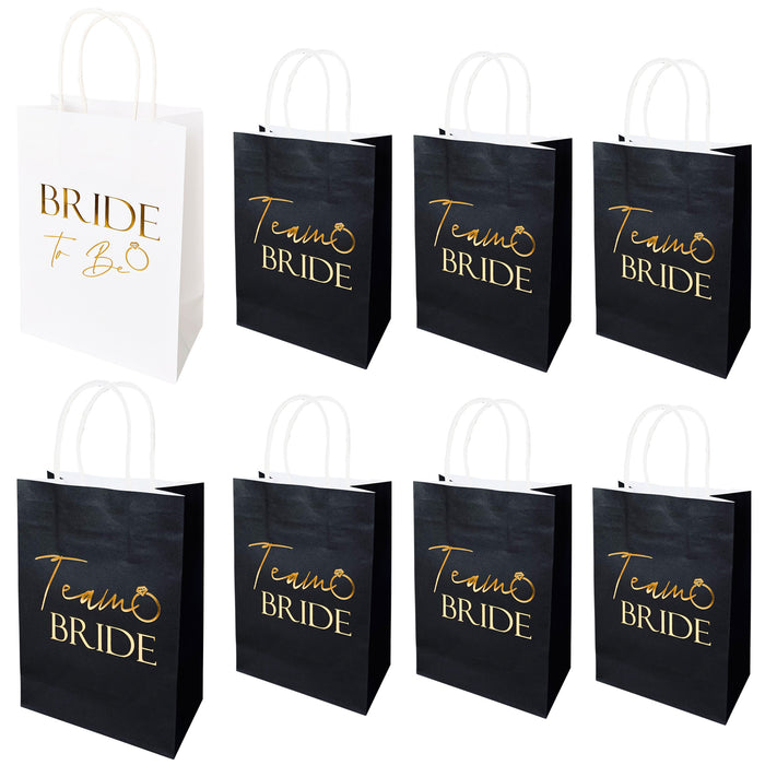 9 Pack Hen Party Bags (8x Team Bride 1x Bride to Be) Paper Bags Black and Gold Foil