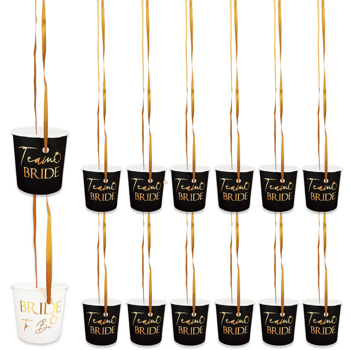 9 Pack Black and Gold Paper Shot Glasses Black and Gold (8x Team Bride and 1x Bride to Be White)