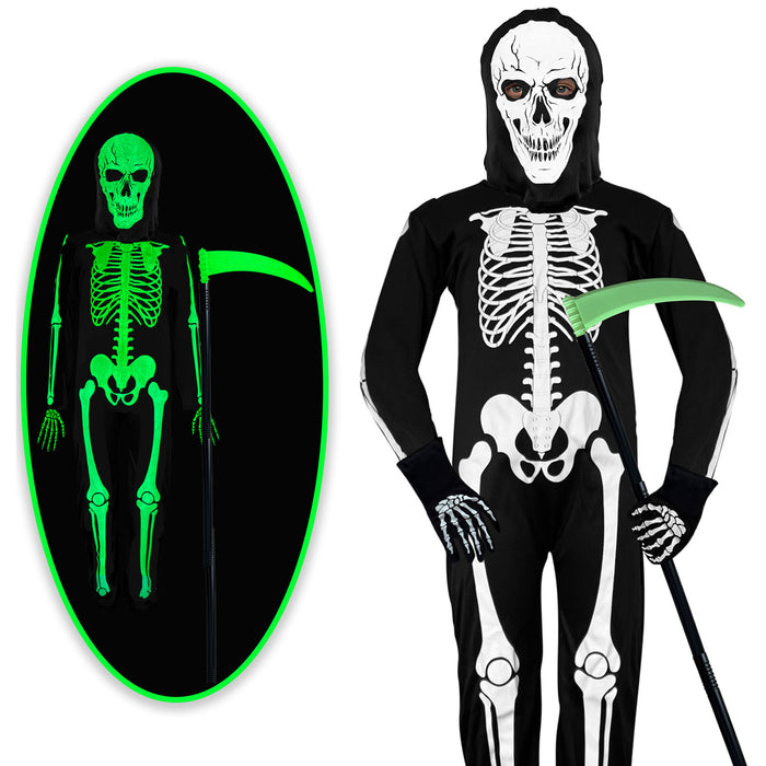 Childrens Kids Glow in the Dark Skeleton Fancy Dress Costume & Scythe 4-12 Years Boys Girls
