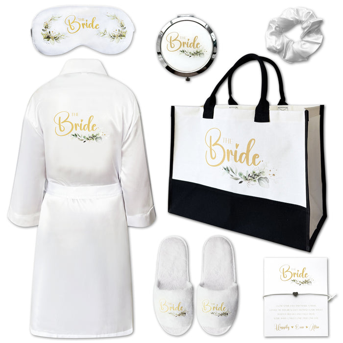 7pc Bride Gifts Botanical Bride Dressing Gown Robe Set White Large Tote Bag Slippers Bracelet Sleep Mask Gift for Wedding Day Spa Party
