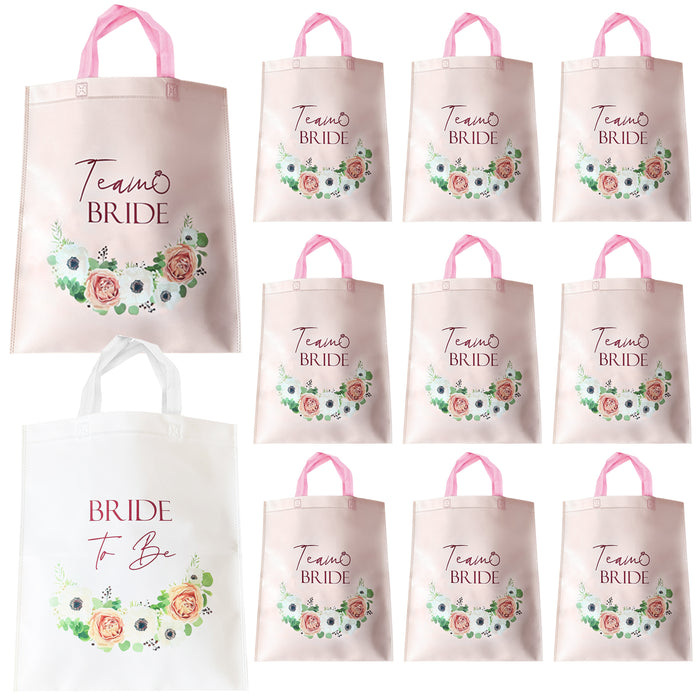 12 Team Bride Tote Bags Light Pink Floral with Rose Gold Text and 1 Bride to Be