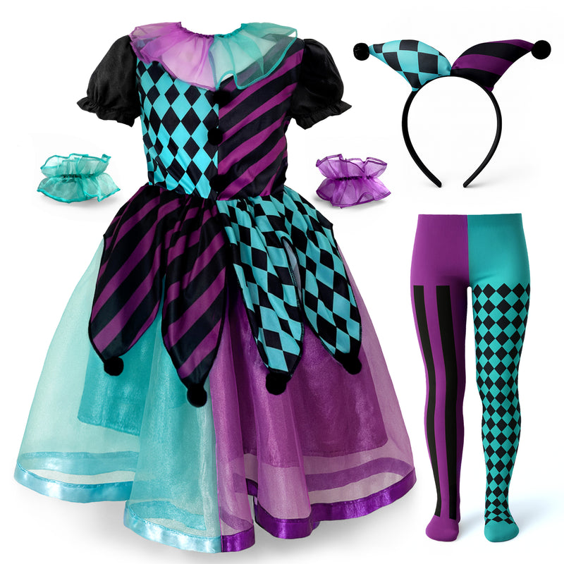 Childrens Kids Girls Blue and Purple Harlequin Clown Fancy Dress Costume