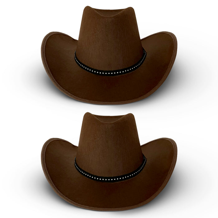 Cowboy Hats Pack of 2 Unisex Felt Western Hats – 1x Brown & 1x Black with Silver Dots & Trim Texas Texan Costume Accessories for Men, Women, Adults Wild West Fancy Dress Party