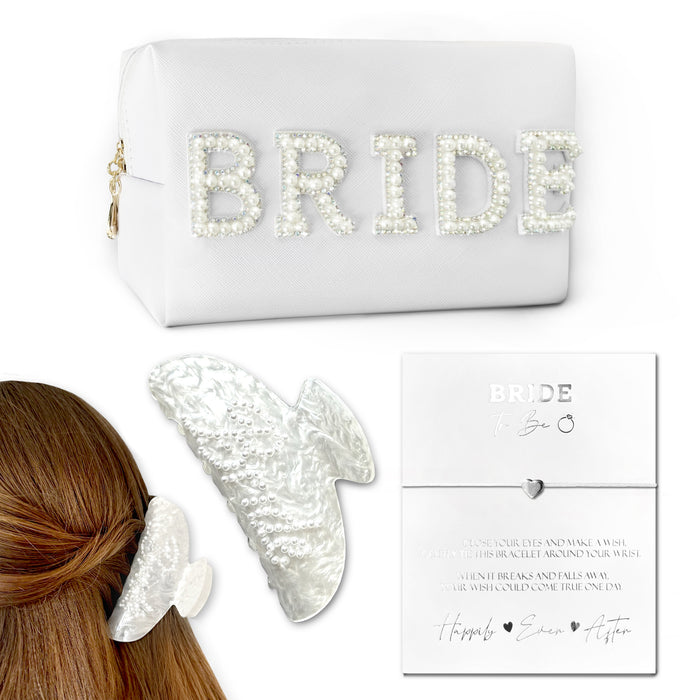 3pc Bride Gift Set - Pearl Make Up Bag, Hairclip and Heart Bracelet