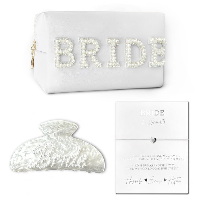 3pc Bride Gift Set - Pearl Make Up Bag, Hairclip and Heart Bracelet