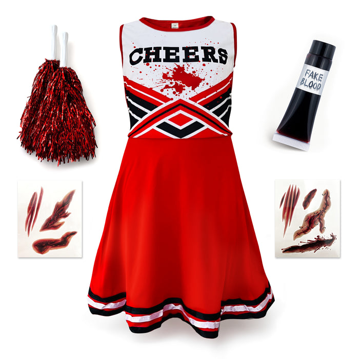 Childrens Kids Girls Zombie Cheerleader Fancy Dress Costume Red and Fake Blood
