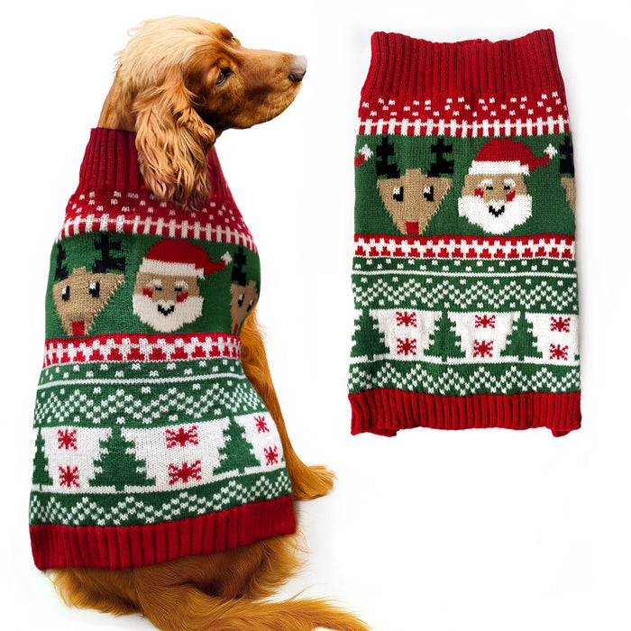 Christmas Dog Jumper Green and Red with Santa and Reindeer Winter Sweater Coat for All Breeds and Sizes