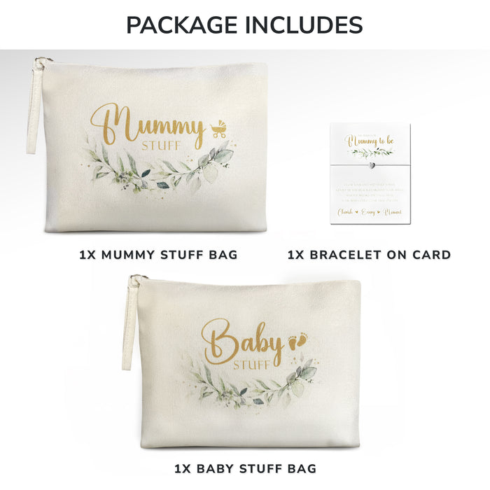 3pc Mum to Be Gifts Set Botanical Mummy & Baby Stuff Bags + Bracelet – Pregnancy Pamper Gift for Baby Shower