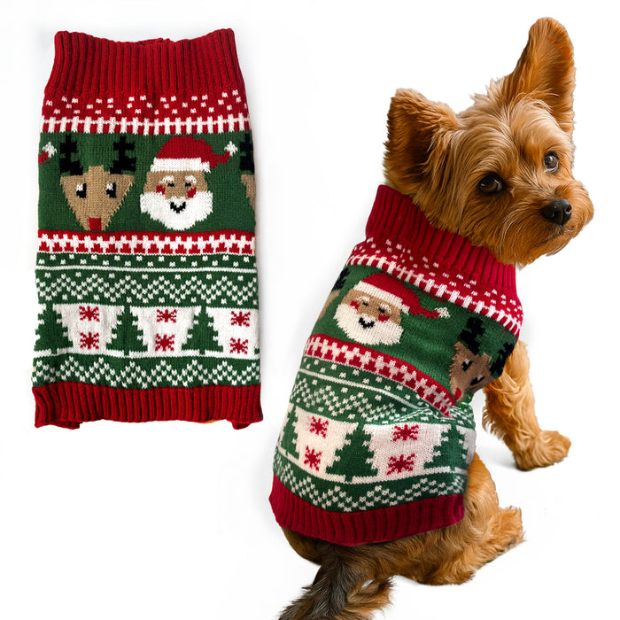 Christmas Dog Jumper Green and Red with Santa and Reindeer Winter Sweater Coat for All Breeds and Sizes