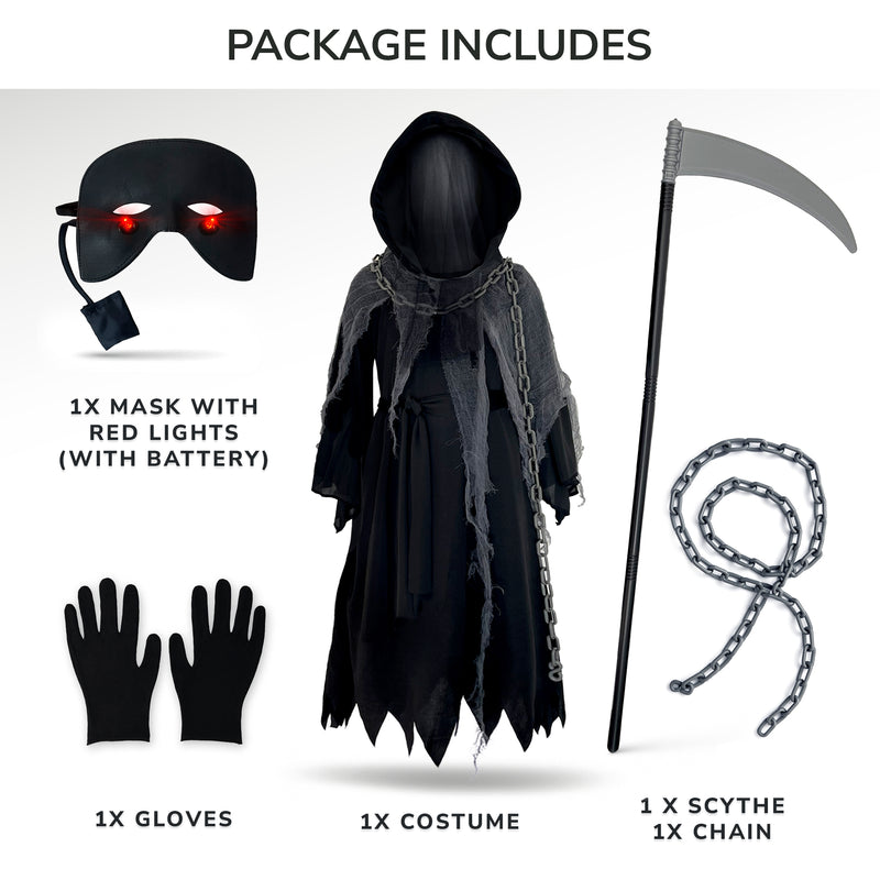Childrens Kids Boys Girls Glaring Grim Reaper Death Fancy Dress Costume, Eyes and Scythe