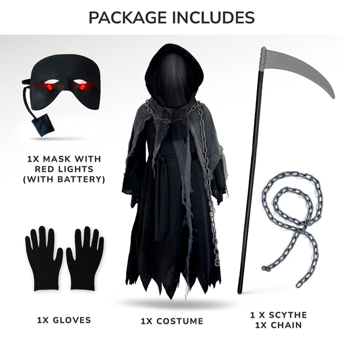 Childrens Kids Boys Girls Glaring Grim Reaper Death Fancy Dress Costume, Eyes and Scythe
