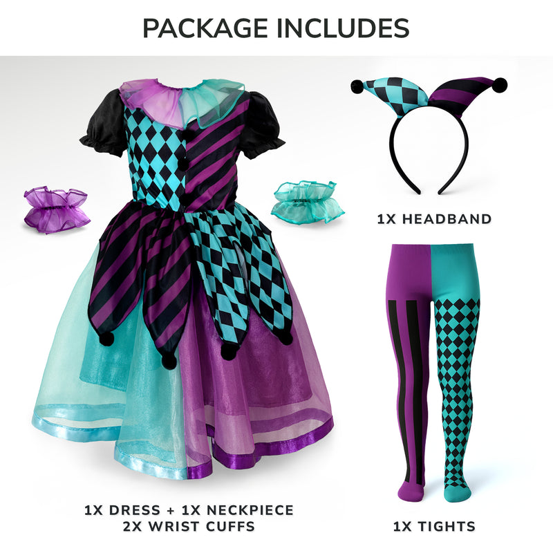 Childrens Kids Girls Blue and Purple Harlequin Clown Fancy Dress Costume