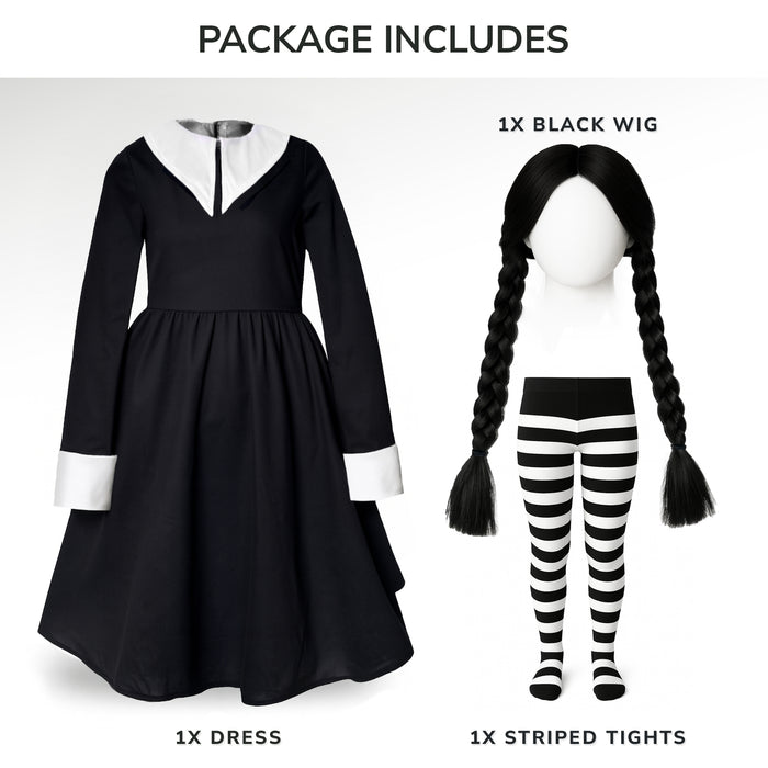 Childrens Kids Girls Scary Daughter Gothic Family Fancy Dress Costume Tights and Wig 7-12 Years