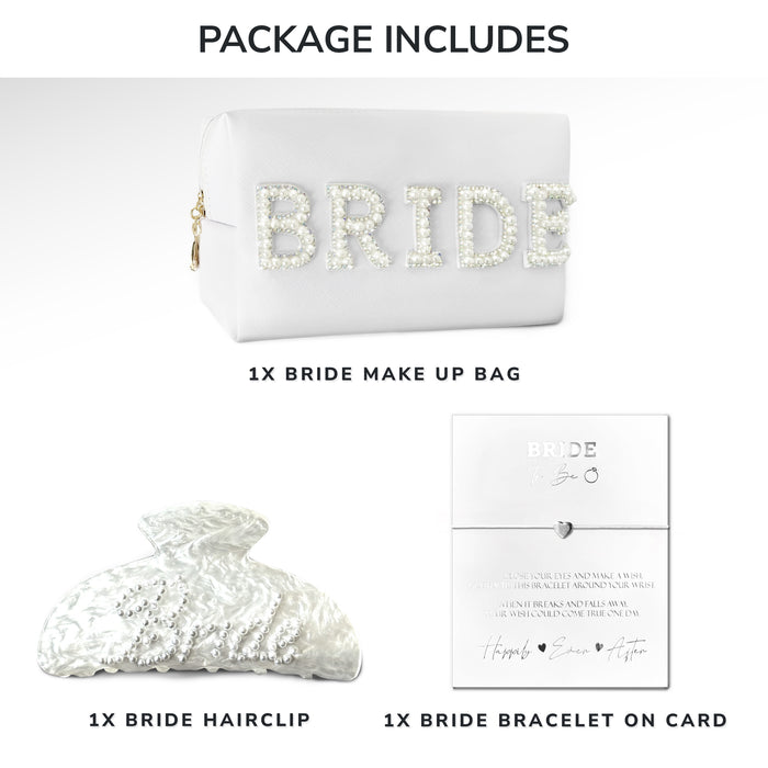 3pc Bride Gift Set - Pearl Make Up Bag, Hairclip and Heart Bracelet