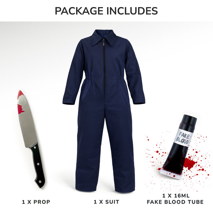 Childrens Kids Boys Girls Navy Boiler Suit, Fake Knife and Blood Fancy Dress Costume 4-12 Years