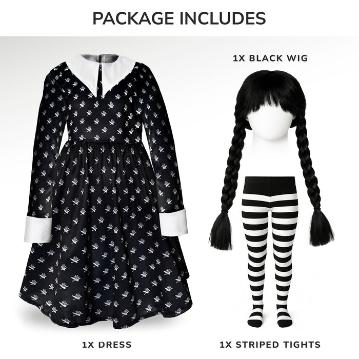 Childrens Kids Girls Scary Daughter Gothic Family Patterned Fancy Dress Costume Tights and Wig 7-12 Years