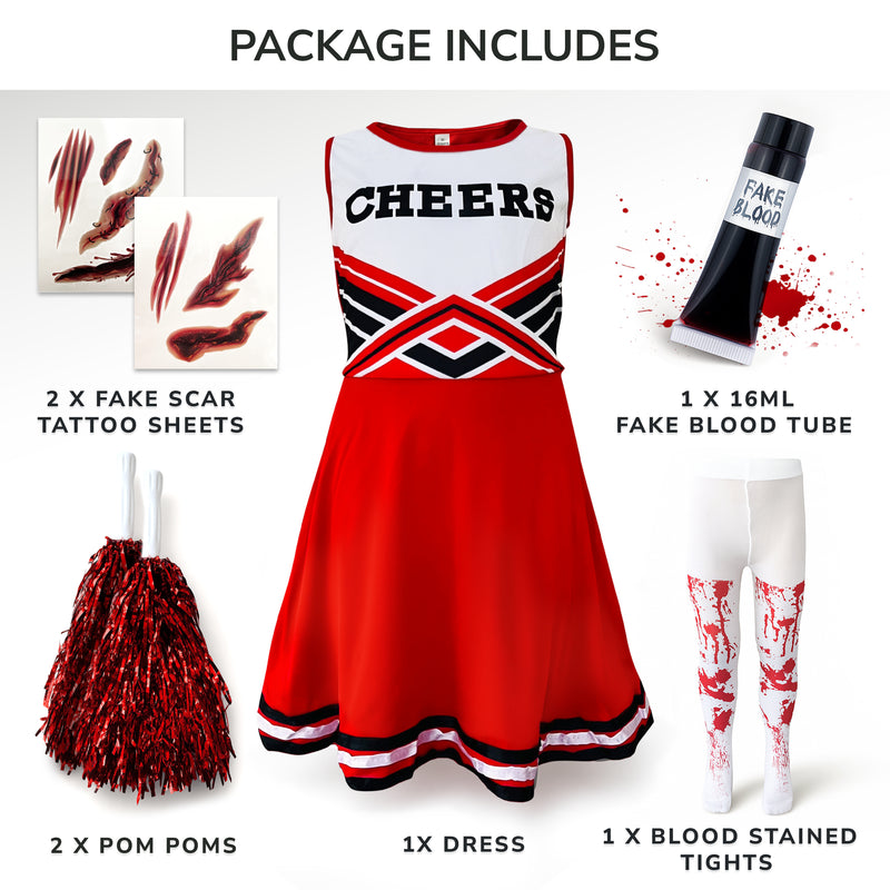 Childrens Kids Girls Zombie Cheerleader Red Fancy Dress Costume Tights and Fake Blood