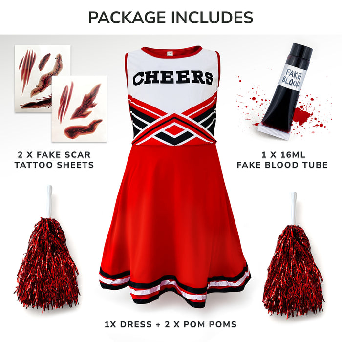 Childrens Kids Girls Zombie Cheerleader Fancy Dress Costume Red and Fake Blood