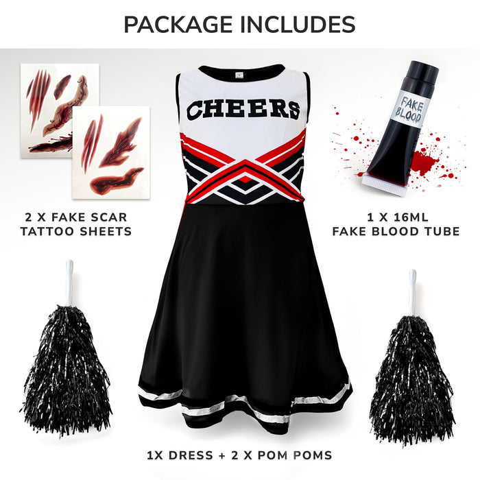 Childrens Kids Girls Zombie Cheerleader Fancy Dress Costume Black and Fake Blood